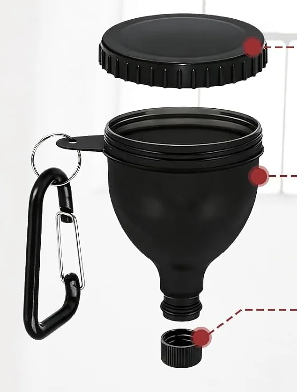 Capped powder reservoir, top filling opening and lower outlet